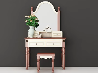Classic Dressing Table with Arched Mirror Drawers Stool and Green Plant Vase 3d model