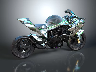 Sleek Modern Sports Motorcycle With Aerodynamic Body Metallic Black Finish And Green Accent Lines 3d model