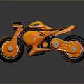 Orange and Yellow Futuristic Motorcycle Featuring Blue Headlight Red Seat and Stylish Mechanical Wheels