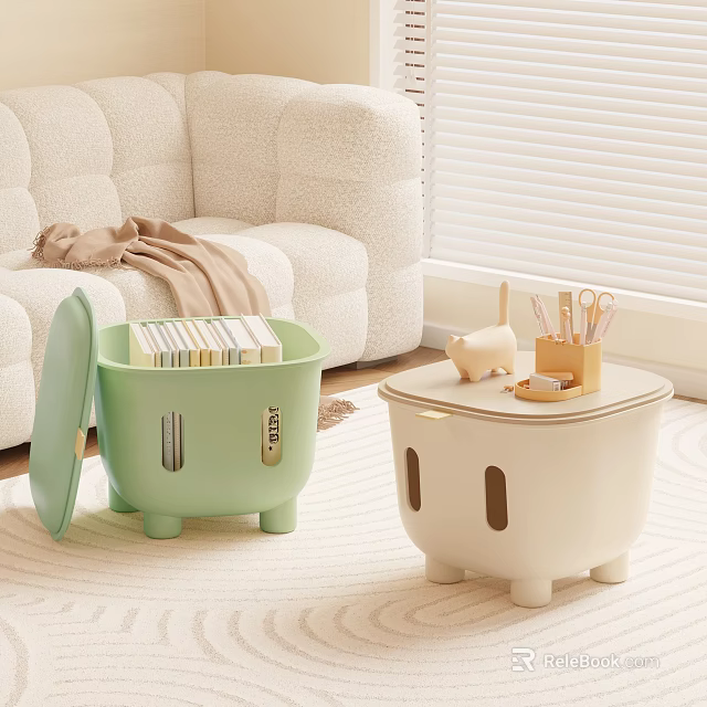 Green And Beige Storage Stools With Books Inside And Stationery On Top In Living Room 3d model 