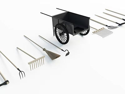 Industrial Equipment Featuring Metal Wheelbarrow And Multiple Garden Tools Set 3d model