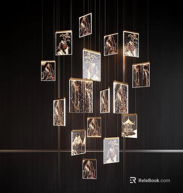 Artistic Rectangular Pendant Lights With Decorative Prints For Modern Interior Design 3d model