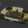 Modern Sports Stadium With Green Pitch White Stepped Stands And Surrounding Trees