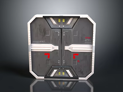 Futuristic Metal Door Design With Red Push Sign Yellow Indicators And White Frame 3d model