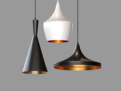 Three Modern Minimalist Pendant Lights With Black White Shades And Copper Accent Bases 3d model