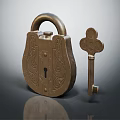 Classic Brass Padlock And Vintage Key As Decorative Hardware Tools With Intricate Engravings