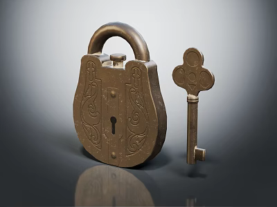 Classic Brass Padlock And Vintage Key As Decorative Hardware Tools With Intricate Engravings 3d model