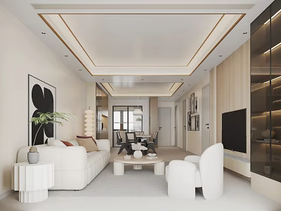 Modern Living And Dining Room Interior With White Sofa Chairs Coffee Table And Green Plant 3d model