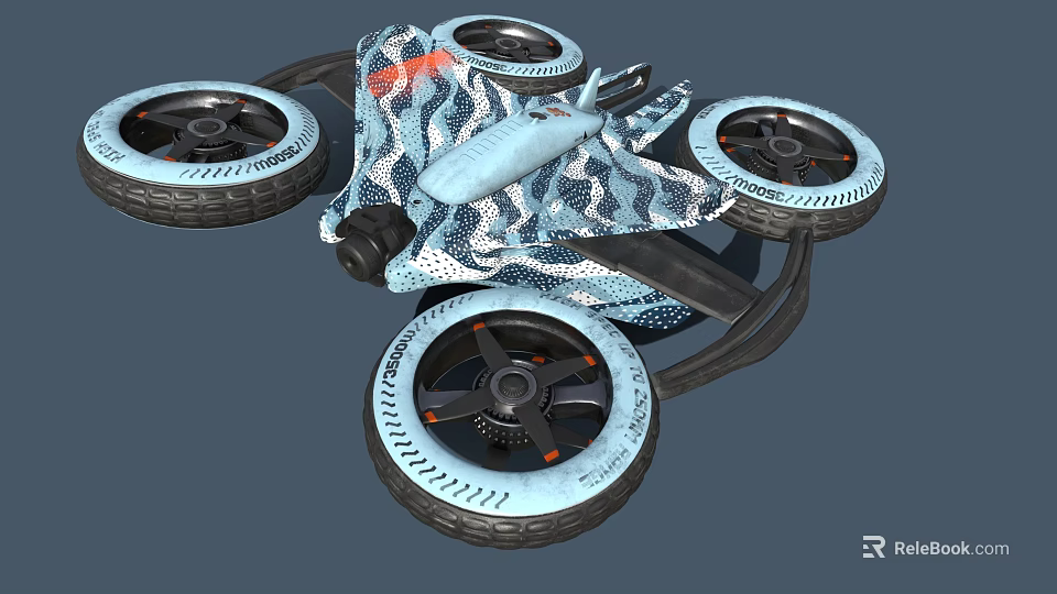 Four Wheel Vehicle With Blue And White Camouflage Pattern Large Tires And White Wheel Hubs 3d model 