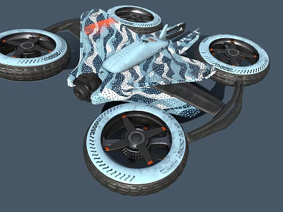 Four Wheel Vehicle With Blue And White Camouflage Pattern Large Tires And White Wheel Hubs 3d model
