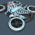 Four Wheel Vehicle With Blue And White Camouflage Pattern Large Tires And White Wheel Hubs