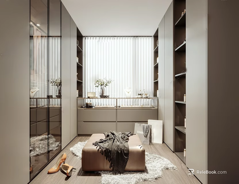 Modern Walk in Closet Interior Design With Mirrored Doors Open Shelves And Bench 3d model 