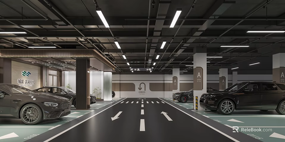Modern Parking Garage Interior With Parked Cars Directional Arrows And Bright Lighting 3d model 
