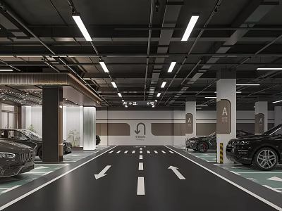 Modern Parking Garage Interior With Parked Cars Directional Arrows And Bright Lighting 3d model