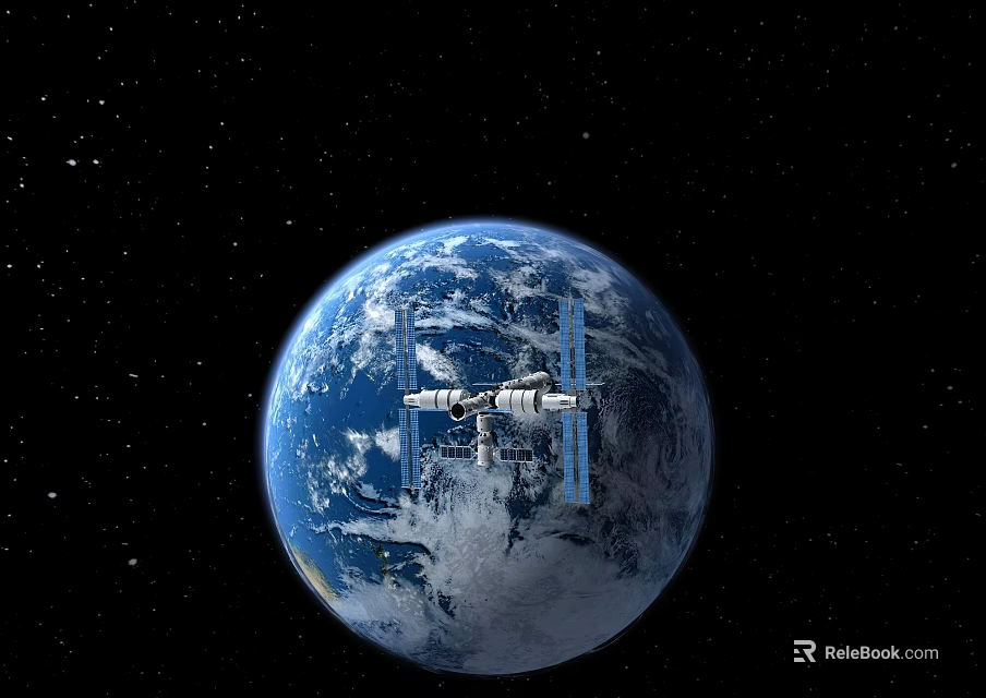 Breathtaking Outer Space Scenery Featuring Earth With Orbiting Space Station And Starry Sky 3d model 