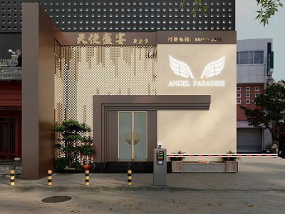 Angel Paradise Storefront Featuring Chinese Style Tile Roof Perforated Wall Wing Logo And Entrance Plants 3d model