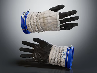 Pair Of Durable Protective Gloves With White Black Design And Blue Cuffs 3d model