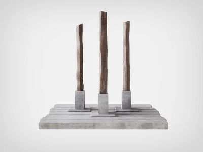 Modern Minimalist Decorative Ornament Set With Three Wooden Pillars On Concrete Base 3d model