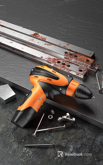 Orange And Black Electric Drill With Metal Parts Screws And Nuts On Workbench 3d model 
