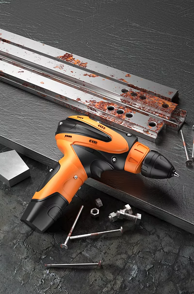 Orange And Black Electric Drill With Metal Parts Screws And Nuts On Workbench 3d model
