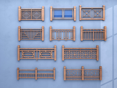 Chinese Fence Wooden Railing Fence 3d model