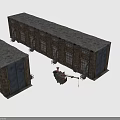 Old Brick Factory Buildings In Two Rows With Red Crane And Gray Background