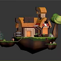 Cartoon Style Small Building with Orange Roof Red White Awning Green Trees and Floating Platforms