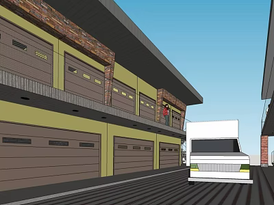 Multi Story Industrial Building Exterior Featuring Yellow Brown Garage Doors White Truck And Person 3d model