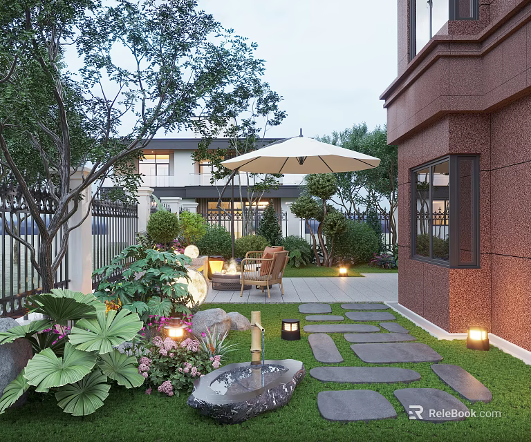 Modern Garden With Stone Path Outdoor Seating Umbrella Lush Plants And Warm Lighting 3d model 
