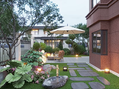 Modern Garden With Stone Path Outdoor Seating Umbrella Lush Plants And Warm Lighting 3d model
