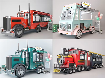 Colorful Train Style Mobile Food Trucks with Window Counter and Balloon Decor for Street Catering 3d model