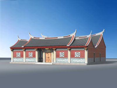 Traditional Ancient Architecture with Red Walls Black Roof Curved Eaves and Carved Windows 3d model