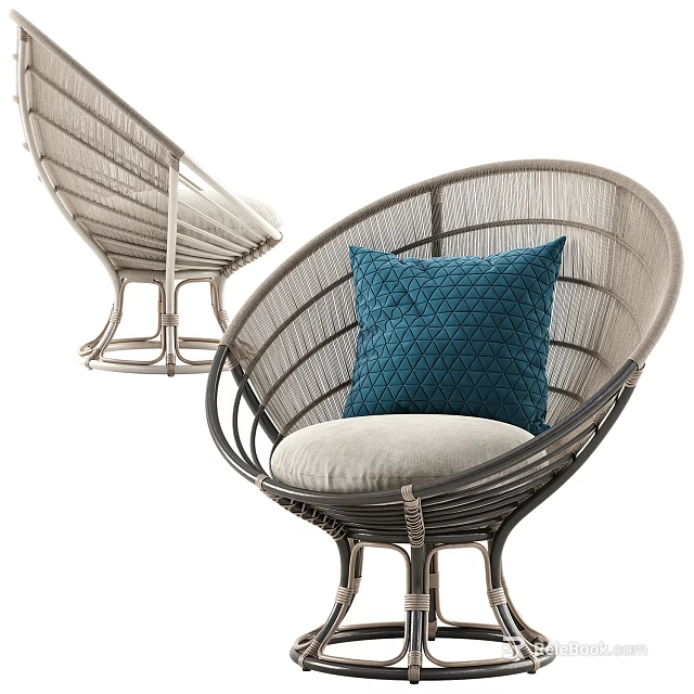 Modern Stylish Rattan Lounge Chair with Beige Cushion and Blue Decorative Pillow 3d model 