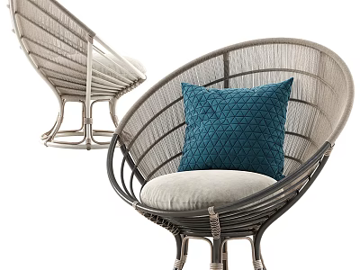 Modern Stylish Rattan Lounge Chair with Beige Cushion and Blue Decorative Pillow 3d model