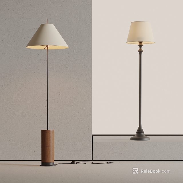 Modern Floor Lamp With Wooden And Metal Bases And White Lampshade Design 3d model 