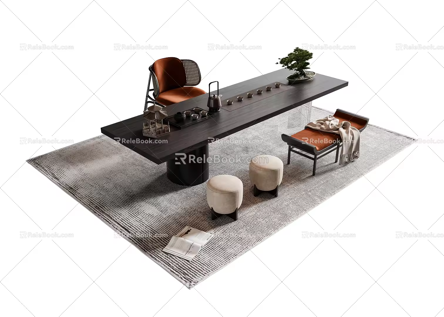 New Chinese Style Tea Table and Chair Low Stool Carpet 3d model