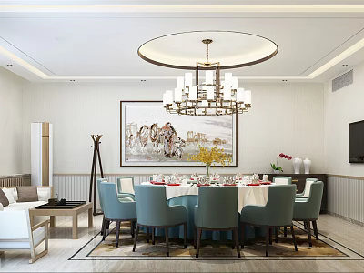Private Dining Room With Round Table Blue Chairs Chandelier Wall Painting Tableware And Flower Arrangement 3d model