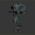 Detailed Weathered Teal Robot Mech Featuring Red Sensor Mechanical Limbs Standing On Gray Background