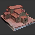 Detailed Architectural Model of Historical Stone Building With Red Tiled Roofs and White Display Base