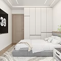 Modern Minimalist Bedroom Interior With Gray Bed White Nightstands Abstract Painting And Wooden Floor