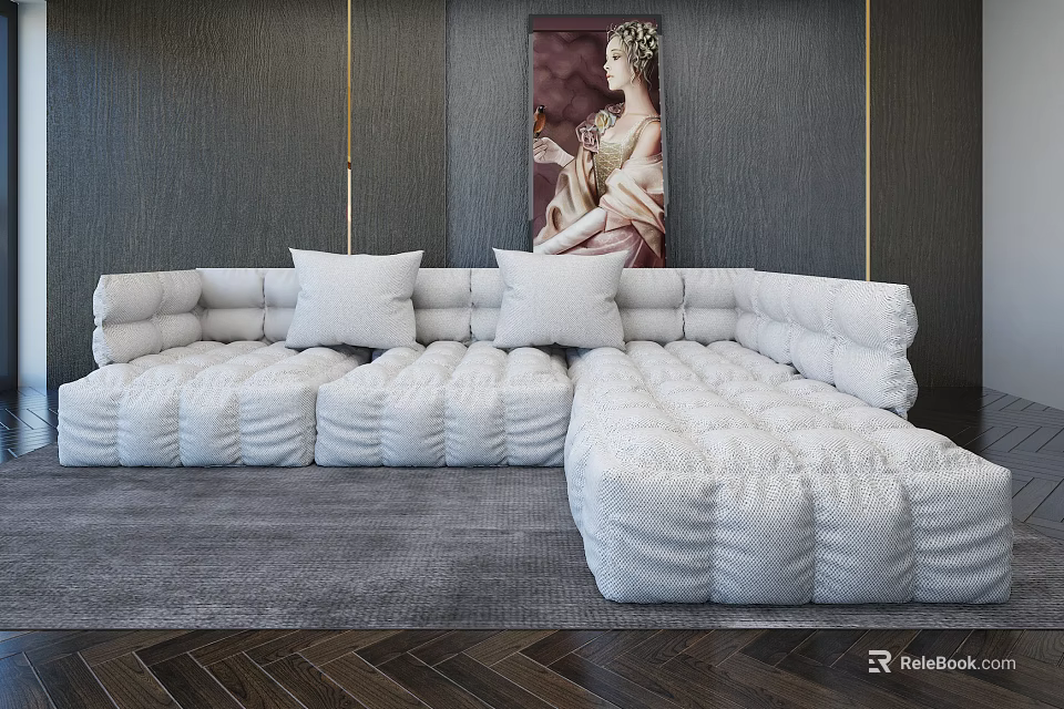White Plush Sectional Sofa With Multiple Cushions Gray Wall Artwork And Dark Wood Flooring 3d model 