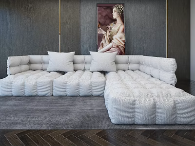 White Plush Sectional Sofa With Multiple Cushions Gray Wall Artwork And Dark Wood Flooring 3d model