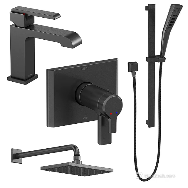 Modern Matte Black Shower Faucet System With Handheld Sprayer And Control Knob 3d model 
