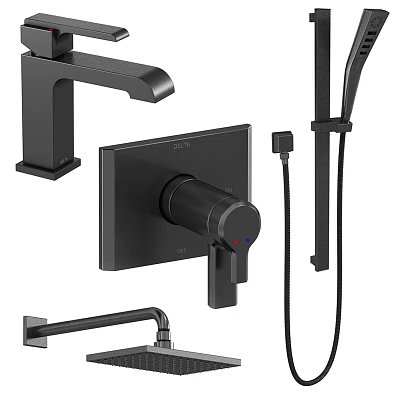 Modern Matte Black Shower Faucet System With Handheld Sprayer And Control Knob 3d model