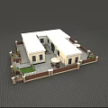 Light Colored Guesthouse Building With Wooden Fence And Green Trees Around Paved Ground