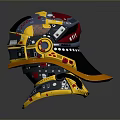 Futuristic Mechanical Helmet Weapon With Yellow Blue Black Red Buttons Dials Gears
