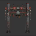 Traditional Cultural Archway Structure With Patterned Pillars Beam Circular Elements And Tassels