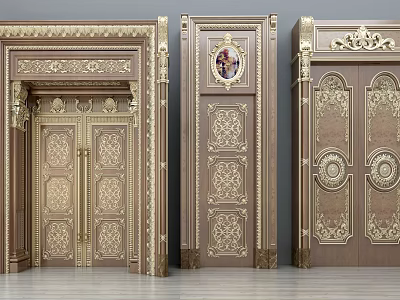 Ornate Luxury Wooden Double Doors With Intricate Carved Patterns And Golden Accents 3d model