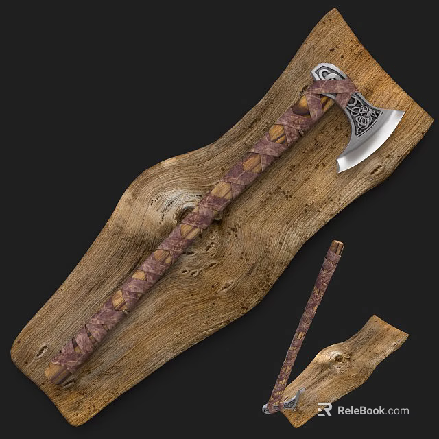 Handcrafted Ornate Axe with Purple Brown Wrapped Handle and Silver Decorative Head on Wooden Log 3d model 