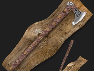 Handcrafted Ornate Axe with Purple Brown Wrapped Handle and Silver Decorative Head on Wooden Log 3d model